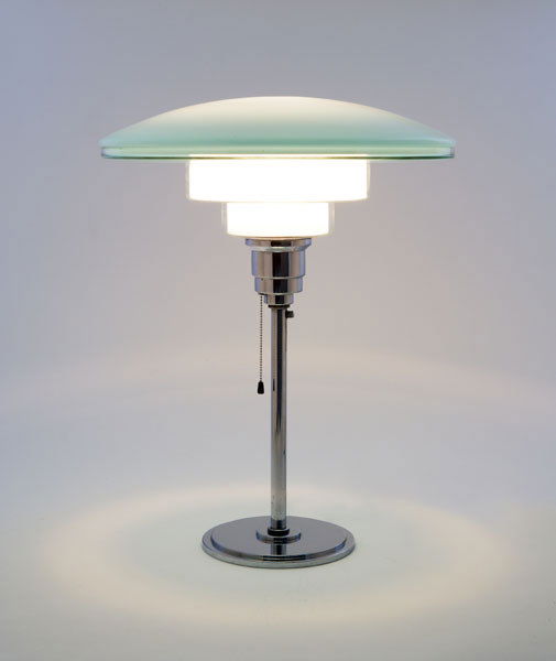 SISTRAH TABLE LAMP, CA. 1932 manufactured by S: SISTRAHTABLE LAMP, CA. 1932manufactured by Sistrah-Licht GmbH, Karlsruhenickel-plated metal, blue cased glass, opaline and cle