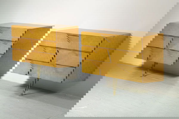 GIO PONTI PAIR OF WALL CABINETS, CA. 1953 manu: GIOPONTIPAIR OF WALL CABINETS, CA. 1953manufactured by Giordano Chiesa, Italywood, brass (2)1⅝