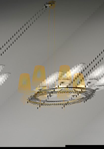 PAAVO TYNELL, Important chandlier, c. 1950: Important chandlier, c. 1950 Brass, frosted glass, fabric. 133 cm (52 3/8 in) drop, 68 cm (26 3/4 in) diameter LITERATURE Finland House, sales catalogue, n.p.