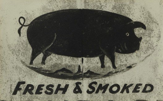 WALKER EVANS, Fresh and Smoked Butcher's Sign, cir: Fresh and Smoked Butcher's Sign, circa 1936 Gelatin silver print on post card stock. 3 1/2 x 5 1/2 in. (8.9 x 14 cm). Annotated 'withdrawn Arnold Crane' by Arnold Crane in pencil and credit stamp on t
