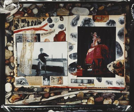 PETER BEARD, Dead Elephant Diary with Francis Baco: Dead Elephant Diary with Francis Bacon on his Roof at 80 Narrow Street, London NW1, 1972 Color coupler collage with paint and snakeskin, printed 1997. 27 x 32 1/4 in. (68.6 x 81.9 cm). Signed, titled