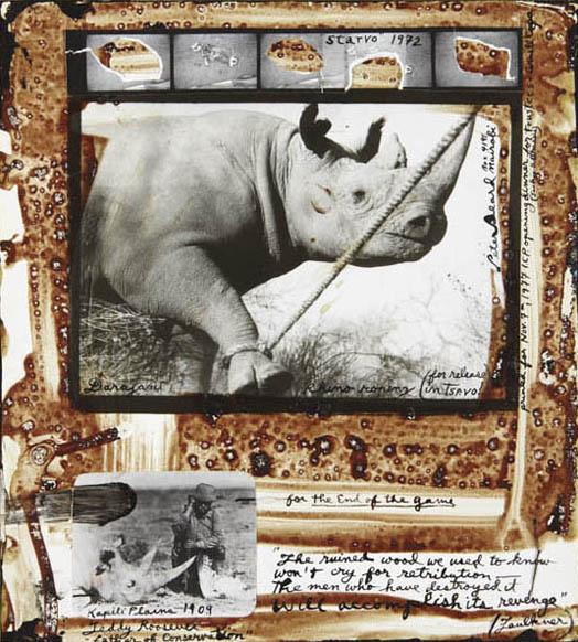 PETER BEARD, Rhino Roping (for release in Tsavo),: Rhino Roping (for release in Tsavo), Kenya, 1977 Gelatin silver collage with ink and blood, in artist's original frame. 11 x 9 3/8 in. (27.9 x 23.8 cm). Signed, titled, dated and extensively annotated