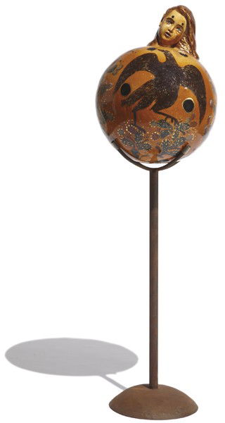 JULIO GALÁN, Sin título, 1991: Sin título, 1991 Glazed ceramic with gold leaf and metal stand. 58 1/2 x 25 x 25 in. (148.6 x 63.5 x 63.5 cm). Signed and dated "Julio Galán, 1991" on the ceramic element. MEXICAN PROVENANCE Private