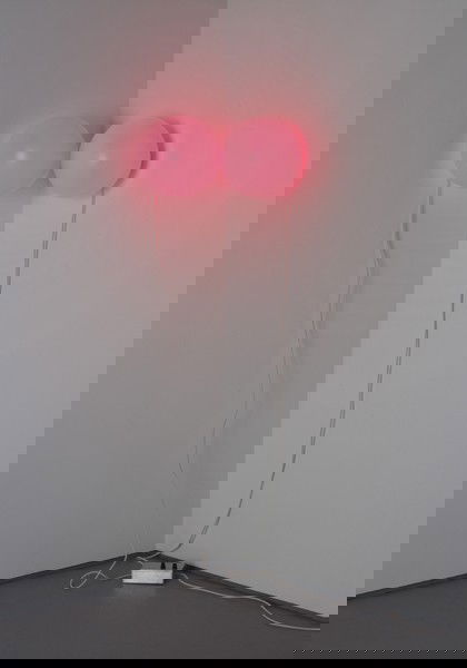 Angela Bulloch, Red Chance Corner Piece, 1990: Red Chance Corner Piece, 1990 Two opal Belisha beacons, wire, two 60w pearl bulbs painted with Glas & Deko Marlfarbe Deka paint Karmin 29 and one two channel, one-sided switching mechanism 220-240V. I