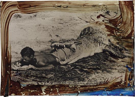 PETER BEARD, I'll Write Whenever I Can, c. 1960: I'll Write Whenever I Can, c. 1960 Toned gelatin silver print with ink and blood, printed later. 43.2 x 61 cm (17 x 24 in). Signed, titled and annotated 'Lake Rudolf' in ink on the recto; The Time I