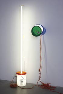 JASON RHOADES, Two works: i) Light, 1997 and ii) I: Two works: i) Light, 1997 and ii) Inner Light, 1998, i) White plastic bucket with orange lid, transformer, electrical wiring, and fluorescent light fixture. h: 96 in. (243.8 cm); ii) Blue plastic buck
