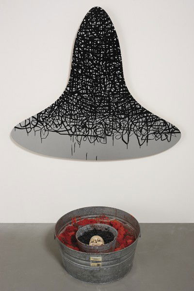 MIKE KELLEY, Towhead n'Ganga, enclosed in darkness: Towhead n'Ganga, enclosed in darkness, lorded over by the sexualized - folded - high priestless form, 1996 Enamel on wood, steel and aluminum buckets, and popcorn mixed with acrylic polymer, dirt and