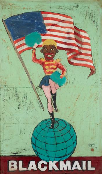 Michael Ray Charles, Blackmail, 1998: Blackmail, 1998 Acrylic latex, stain and copper penny on paper. 60 3/8 x 36 1/8 in. (153.4 x 91.8 cm). Signed and dated "MICHAEL RAY CHARLES 98 ©" lower right and titled "BLACKMAIL" along the lower e