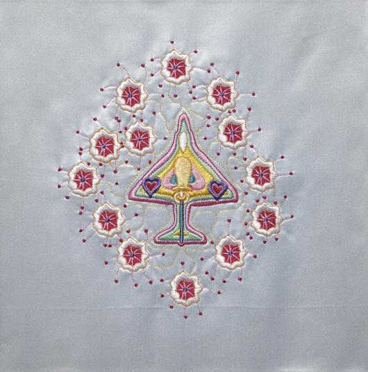 GRAYSON PERRY, Love Plane, 2000: Love Plane, 2000 Embriodery in colors, on gray duchess satin, wrapped over stretcher, overall: 14 5/8 x 14 5/8 in. (37.1 x 37.1 cm) from the edition of 50, published by Eyestorm, London, two loose thr