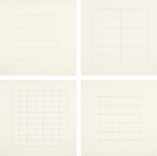 AGNES MARTIN, On a Clear Day portfolio: four plate: On a Clear Day portfolio: four plates, 1973 Four screenprints in gray, on Japanese rag paper, with full margins, all I. various sizes; all S. 12 1/8 x 12 in. (30.8 x 30.5 cm) all signed and annotated 