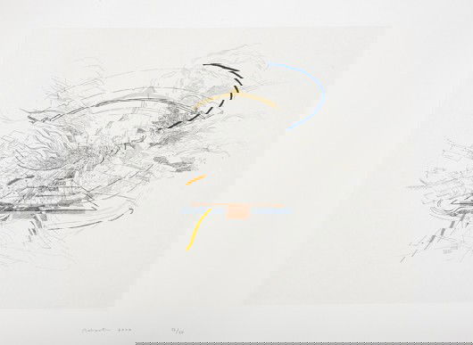 JULIE MEHRETU, the twoandthreezeros portfolio: Unt: the twoandthreezeros portfolio: Untitled, 2000 Etching and aquatint with pochoir, on Chine collé to Somerset paper, with full margins, I. 17 3/4 x 22 in. (45.1 x 55.9 cm); S. 22 1/4 x 30 in. (56.5 x