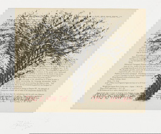 WILLIAM KENTRIDGE, Sleeping on Glass suite: This i: Sleeping on Glass suite: This is How the Tree Breaks, 1999 Etching with additions in graphite and red pencil, on Chine collé of antique book page to Fabriano Rosapina paper, with full margins, I. 9 5