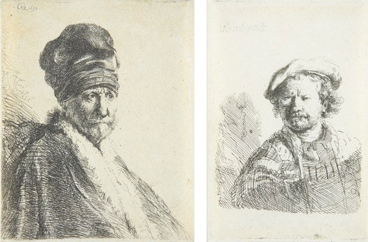 REMBRANDT HARMENSZ VAN RIJN, Bust of a Man Wearing: Bust of a Man Wearing a High Cap Three Quarters Right (The Artist's Father?); and Self Portrait, 1630; and circa 1642 Two etchings, on laid paper without watermarks, with thread margins, both late imp