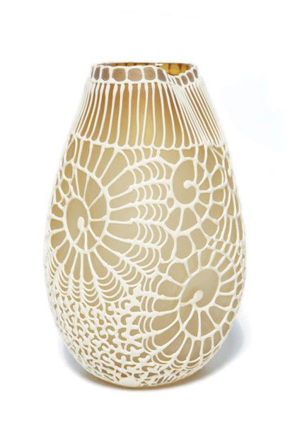 Artist Unknown (M) Glass Scultpure with White Cor: PROPERTY OF DREIER LLP No Reserve [Glass Scultpure with White Coral Design] Beige and White Glass sculpture. 13 1/2 x 7 in. (34.3 x 17.8 cm).