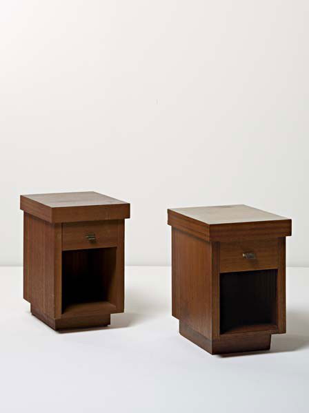 FRANK LLOYD WRIGHT, Pair of side tables, from the J: Pair of side tables, from the John L. Rayward house "Tirranna," New Canaan, Connecticut, USA, ca. 1955 Oak, brass (2). Each: 24 1/2 × 15 7/8 × 21 in. (62.2 × 40.3 × 53.3 cm.) PROVENANCE John L. Ra
