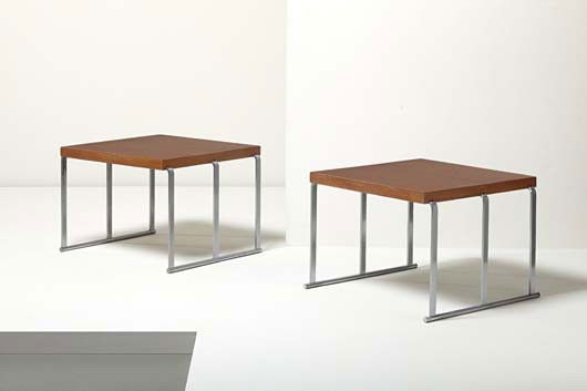 GILBERT ROHDE, Two side tables, ca. 1934: Two side tables, ca. 1934 Oak, brushed steel. Each: 24 x 24 x 18 in. (61 x 61 x 45.7 cm) Manufactured by The Herman Miller Furniture Company, USA (2). LITERATURE 20th Century Modern Furniture, Designe