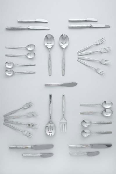 RAYMOND LOEWY, "Discovery" flatware service, ca. 19: "Discovery" flatware service, ca. 1957 Spoons and forks: sterling silver; knives: sterling silver, stainless steel. Dinner knife: 9 1/2 in. (24.1 cm.) long Manufactured by Wallace Silversmiths, USA. E