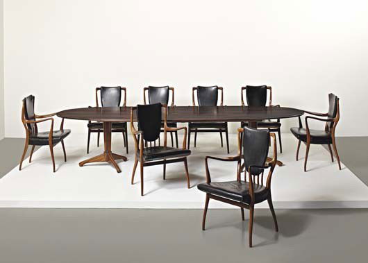 ANDREW J. MILNE, Dining suite, ca. 1947: Dining suite, ca. 1947 Table: rosewood; each armchair: rosewood, leather, vinyl. Comprising an extension dining table and eight armchairs (9). Table: 28 × 126 1/4 × 45 in. (71 × 320.7 × 114.3 cm.)