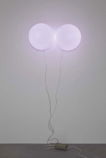 ANGELA BULLOCH, Blue Chance, circa 1990: Blue Chance, circa 1990 Two opal Belisha beacons, wire, two 60w pearl bulbs painted with Glas & Deko Marlfarbe Deka paint Karmin 29 and one two channel, one-sided switching mechanism 220-240V. Install