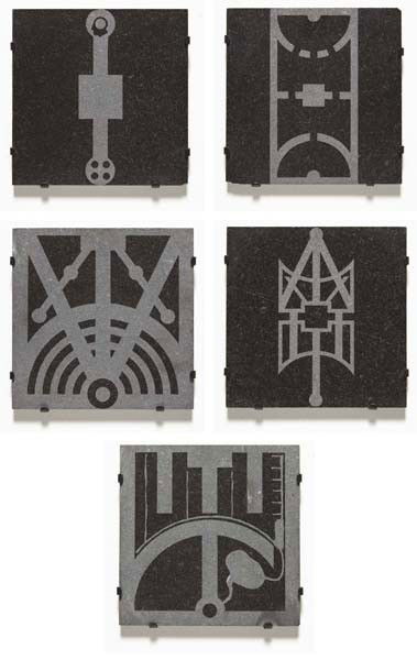 MATT MULLICAN, Untitled (5 works), 1985: Untitled (5 works), 1985 Etched stone granite. Each 12 x 12 x 1/2 in. (30.5 x 30.5 x 1.3 cm). PROVENANCE Acquired directly from the artist by the present owner. EXHIBITED New York, Michael Klein Inc.,