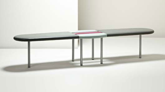 GIOVANNI LEVANTI, "Alfonso" bench, circa 1987: Alfonso" bench, circa 1987 Leather and powder-coated tubular metal. 16 x 79 x 20 1/4 in. (40.6 x 200.7 x 51.4 cm). Produced for Memphis, Italy.