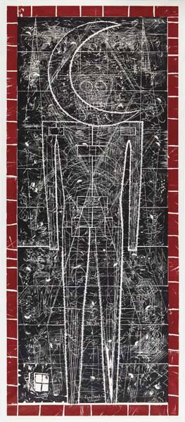 JOHN BUCK, Untitled, 1982: Untitled, 1982 Woodcut in colors. 76 3/4 x 31 3/4 in. (194.9 x 80.6 cm). Signed, dated and numbered 4/20 in pencil, published by Landfall Press, Chicago (with their inkstamp on the reverse), unframed.