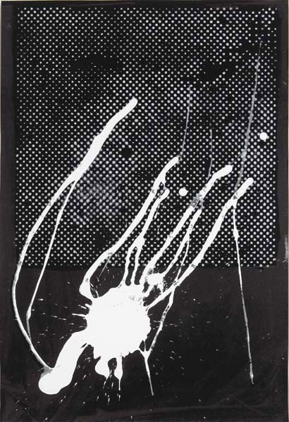 SIGMAR POLKE, Untitled, 1989: Untitled, 1989 Screenprint in black and white, on black flocked paper. 26 1/4 x 38 5/8 in. (66.7 x 98.1 cm). Signed and dated in blue ink on the reverse, from the edition of 940, framed.
