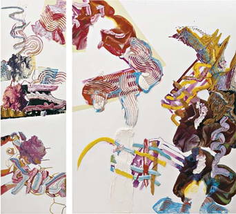 Pia Fries, Oxana, 2004: Oxana, 2004 Diptych: oil and screenprint on board. Left panel: 220 x 70 cm (86 1/2 x 27 1/2 in); right panel: 220 x 170 cm (86 1/2 x 67 in). Signed, titled and dated "Pia Fries 2004 Oxana' on the reve