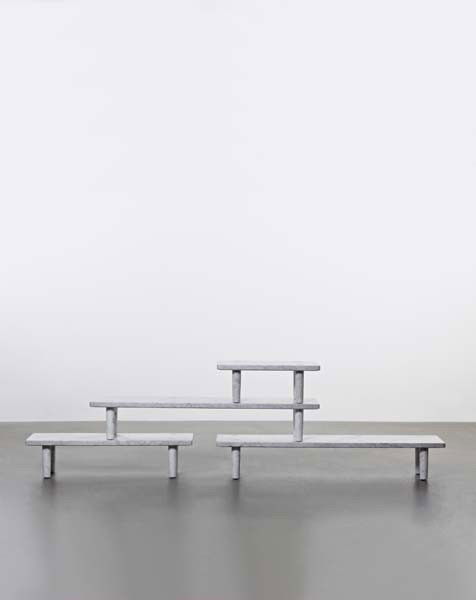 JASPER MORRISON, "Carrara Tables, Variation N° 16: “Carrara Tables, Variation N° 16 + 1” , 2005 Carrara marble-covered aluminum honeycomb, brushed metal. Largest table: 11 x 65 3/4 x 15 1/4 in. (27.9 x 167 x 38.7 cm.) Produced for Galerie kreo, F