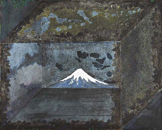 Chie Fueki, Eye Sight Falling to Earth, 2002: Eye Sight Falling to Earth , 2002 Pigment and mulberry paper on board. 16 x 20 in. (40.6 x 50.8 cm). Signed, titled and dated "Eye Sight Falling to Earth, (Mt. Fuji), Chie Fueki 2002" on the reverse.