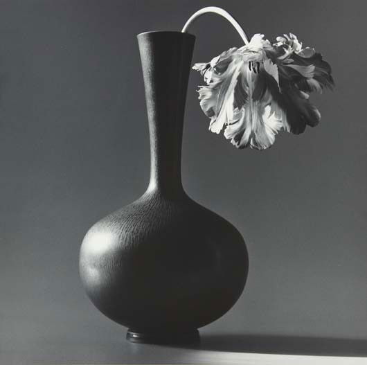 ROBERT MAPPLETHORPE Parrot Tulip in Black Vase, 198: Parrot Tulip in Black Vase, 1985 Gelatin silver print. 15 1/8 x 15 1/4 in. (38.4 x 38.7 cm). Signed, dated by Michael Ward Stout, Executor, in ink, Robert Mapplethorpe copyright credit reproduction li