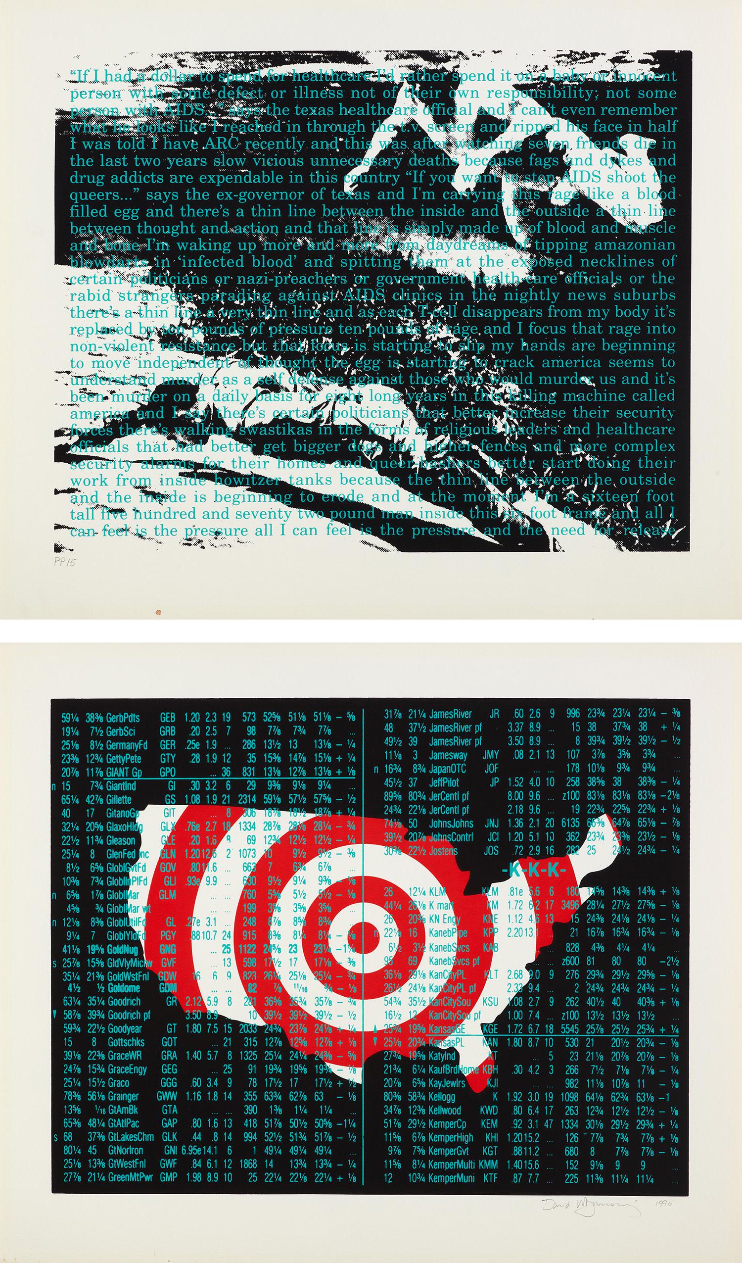David Wojnarowicz: Untitled (Act Up Diptych) 1990 The complete set of two screenprints in colors, on wove paper, with full margins. both I. 18 1/2 x 23 5/8 in. (47 x 60 cm) both S. 23 1/8 x 27 5/8 in. (58.7 x 70.2 cm) O