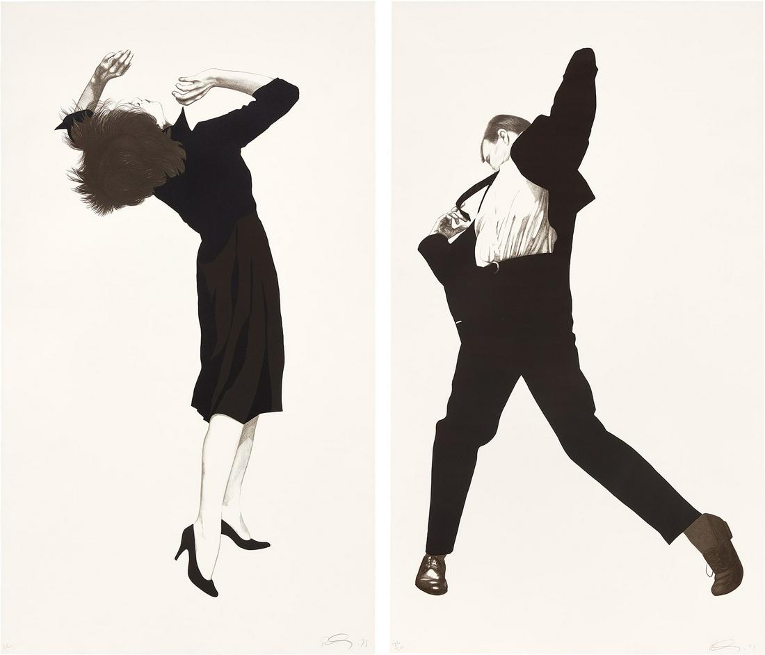 Robert Longo: Eric; and Ellen, from Men in the Cities 1999 Two lithographs, on Arches Cover paper, with full margins. both S. 70 x 40 in. (177.8 x 101.6 cm) Both signed and dated, Eric numbered 26/50 and Ellen anno