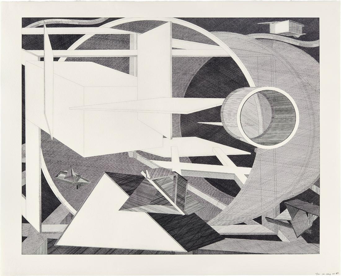 Al Held: Straits of Magellan 1986 Etching, on Arches paper, with full margins. I. 35 1/2 x 44 1/2 in. (90.2 x 113 cm) S. 41 1/2 x 51 in. (105.4 x 129.5 cm) Signed, dated and numbered 5/50 in pencil, published