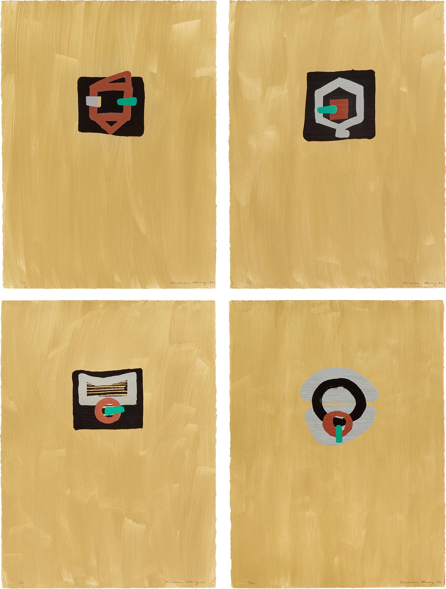 Nicholas Howey: Late Night 1992 The complete set of four screenprints with hand-painting in gold, on Waterford paper, the full sheets. all S. 30 x 22 1/4 in. (76.2 x 56.5 cm) All signed, dated and numbered 2/40 in pe