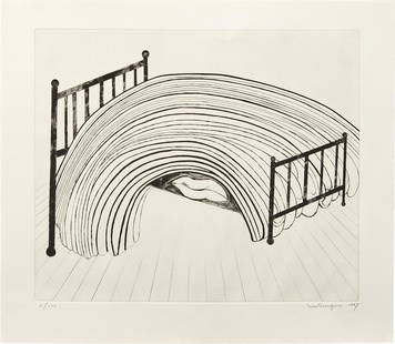 Louise Bourgeois: Bed (MoMA 480.2) 1997 Etching, drypoint and engraving on wove paper, with full margins. I. 16 3/8 x 19 1/2 in. (41.6 x 49.5 cm) S. 20 3/4 x 23 5/8 in. (52.7 x 60 cm) Signed and numbered 11/100 in penc