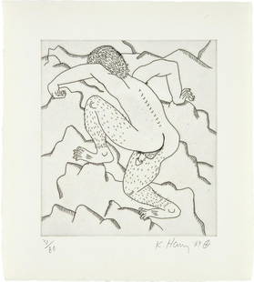 Keith Haring: The Valley: one plate (L. p. 139) 1989 Etching, on Twinrocker HMP paper, with full margins. I. 10 x 9 in. (25.4 x 22.9 cm) S. 14 1/8 x 12 3/4 in. (35.9 x 32.4 cm) Signed, dated and numbered 31/80 in