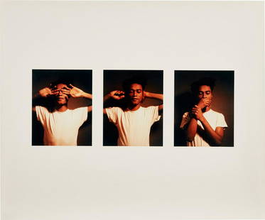 Carrie Mae Weems: Untitled (See No Evil, Hear No Evil, Speak No Evil) 1995 Three chromogenic prints, on one sheet of Kodak Professional photo paper, with full margins. I. 7 x 18 3/4 in. (17.8 x 47.6 cm) S. 19 7/8 x