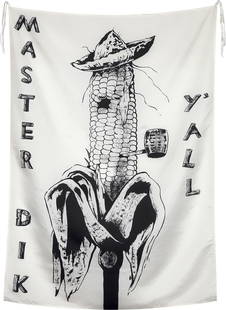 Mike Kelley: Country Cousin, from Pansy Metal / Clovered Hoof 1989 Screenprint, on silk scarf, the full sheet. S. 53 x 38 in. (134.6 x 96.5 cm) Signed, dated and numbered 32/40 in black ink on one of the fabric