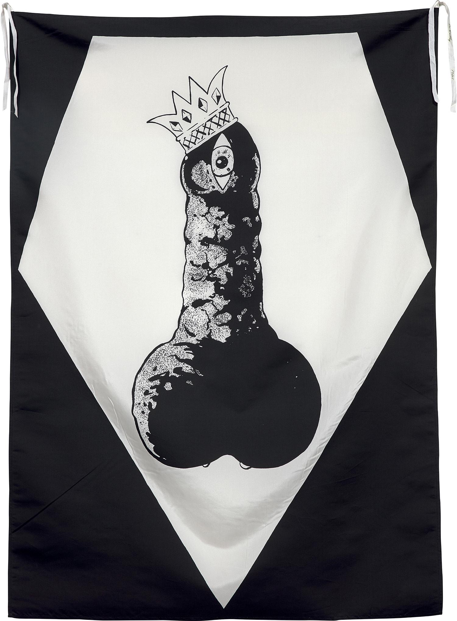 Mike Kelley: Master Dik, from Pansy Metal / Clovered Hoof 1989 Screenprint, on silk scarf, the full sheet. S. 53 x 38 in. (134.6 x 96.5 cm) Signed, dated and numbered 31/40 in black ink on one of the fabric hangin