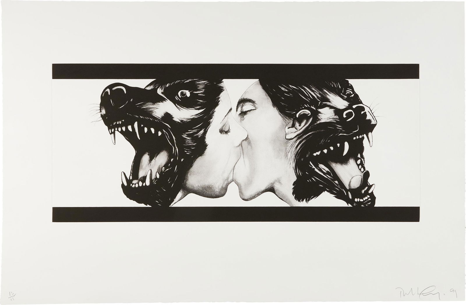 Robert Longo: Strong in Love 1989-91 Black and white photo-etching with aquatint, on Somerset paper, with full margins. I. 15 x 34 3/4 in. (38.1 x 88.3 cm) S. 28 5/8 x 44 in. (72.7 x 111.8 cm) Signed, dated and num