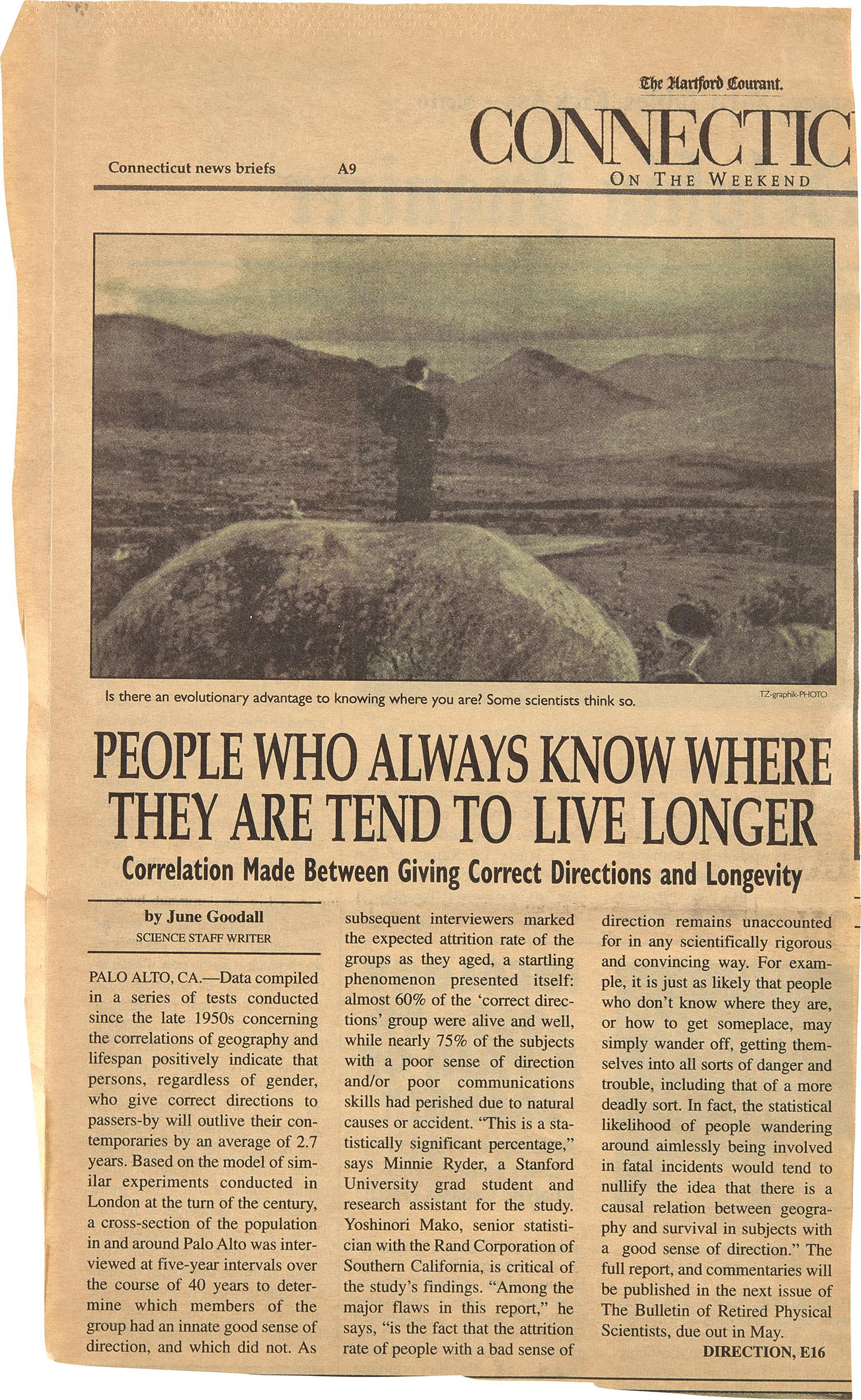 Vik Muniz: People Who Always Know Where They Are Tend To Live Longer, from Personal Articles 2000 Offset lithograph, on newspaper, the full sheet. S. 11 1/4 x 7 in. (28.6 x 17.8 cm) Signed, dated and numbered 2/