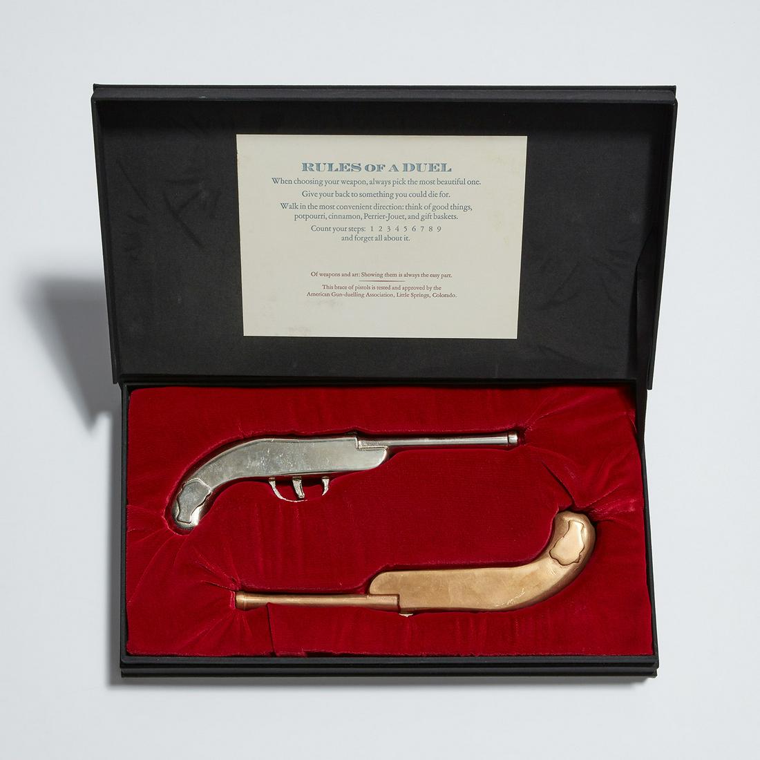 Vik Muniz: Drunken Duel 1991 Two bronze multiples, one polished in silver, contained in the original velvet and foam-lined black cloth-covered box. case 8 3/4 x 16 x 2 in. (22.2 x 40.6 x 5.1 cm) Signed in black