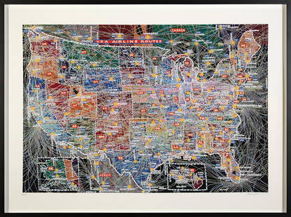 Paula Scher: USA Airline Routes 2020 Digital pigment print in colors, on wove paper, with full margins. I. 36 3/4 x 53 3/4 in. (93.3 x 136.5 cm) S. 43 1/2 x 60 in. (110.5 x 152.4 cm) Signed, dated and numbered 78/