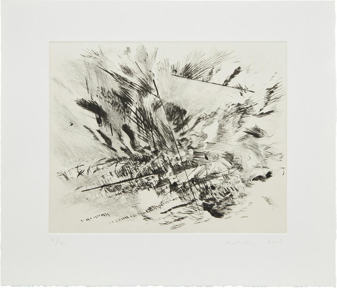 Julie Mehretu: Untitled (grey area) 2009 Drypoint, with Chine collé to Somerset paper, with full margins, contained in the original charcoal card folder with printed artist's name. I. 8 x 9 7/8 in. (20.3 x 25.1