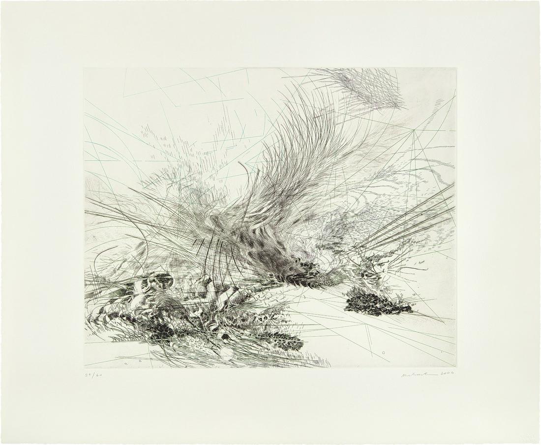 Julie Mehretu: Untitled (P. 76) 2006 Etching with engraving and drypoint in colors, on Somerset paper, with full margins. I. 15 3/4 x 19 1/2 in. (40 x 49.5 cm) S. 23 1/4 x 28 1/4 in. (59.1 x 71.8 cm) Signed, dated a