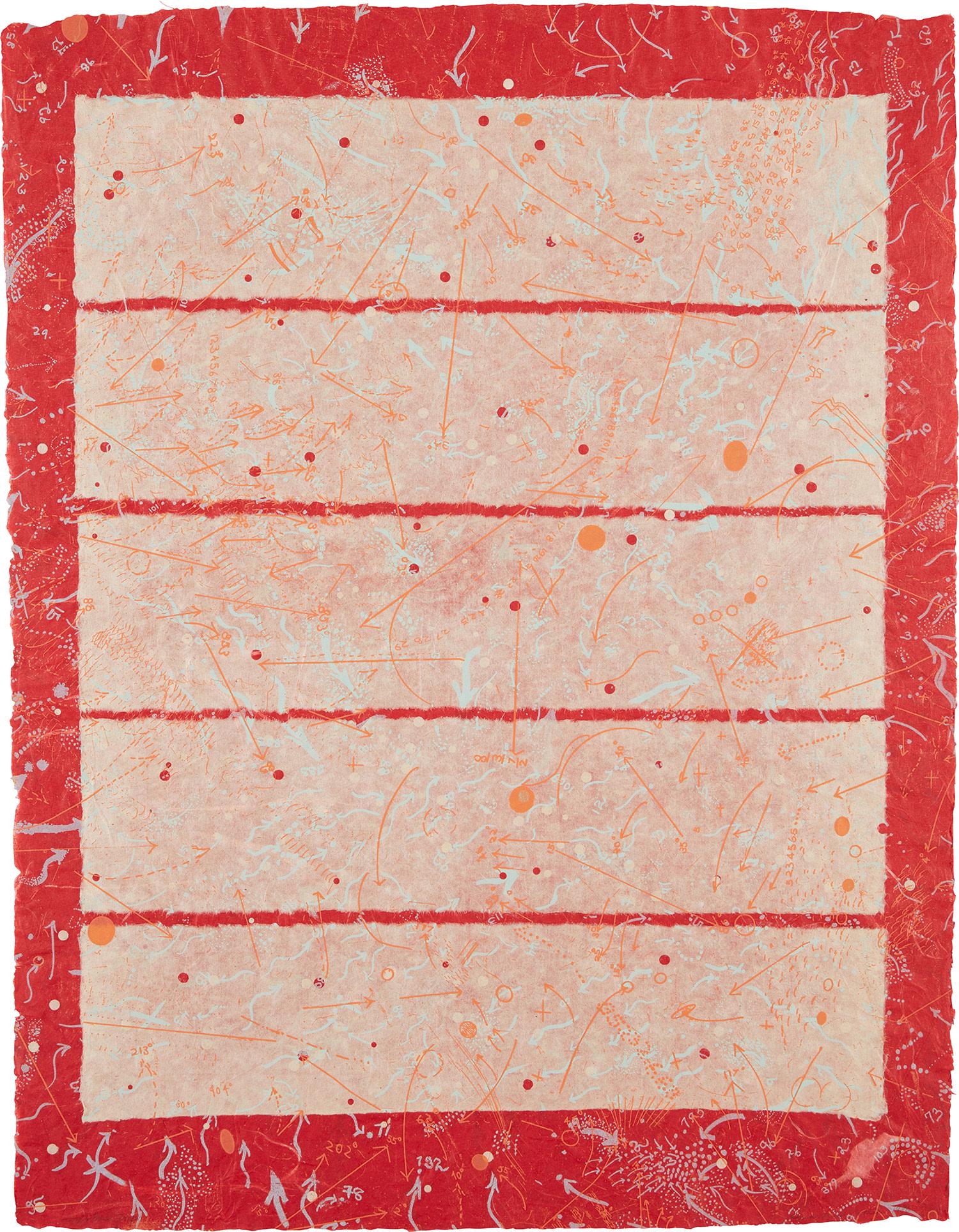 Howardena Pindell: Kyoto (Positive/Negative) 1980 Double-sided lithograph with etching in colors, on five sheets of laminated Kinwashi paper Chine collé to dyed Japan paper, the full sheet. S. 26 1/2 x 20 1/2 in. (