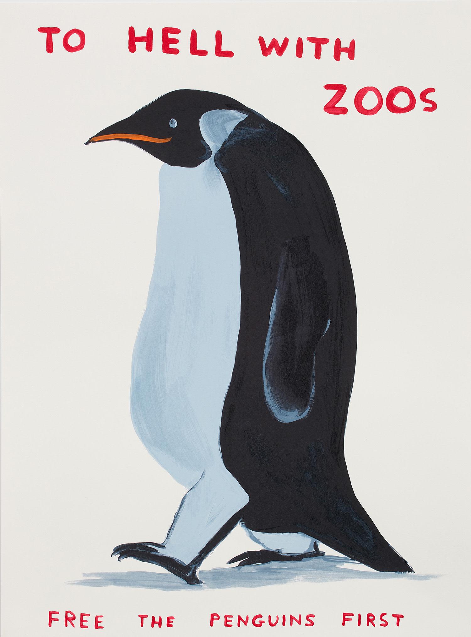 David Shrigley: To Hell with Zoos 2021 Screenprint in colors with varnish overlay, on Somerset Satin paper, the full sheet. S. 29 5/8 x 22 in. (75.2 x 55.9 cm) Signed with initials, dated and numbered 112/125 in penc