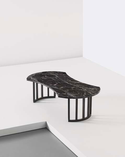 JEAN ROYÈRE, Low table, c. 1955: Low table, c. 1955 Marble, painted iron. 34.6 x 110 x 60 cm. (13 5/8 x 43 1/4 x 23 5/8 in.) PROVENANCE Galerie Patrick Seguin, Paris; Galerie Jacques Lacoste, Paris LITERATURE Jean Royère, décorateu