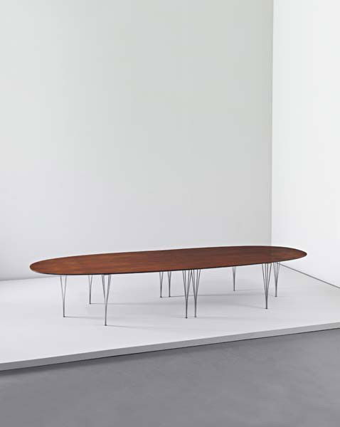BRUNO MATHSSON, 'Superellipse' dining table, c. 19: 'Superellipse' dining table, c. 1964 Rosewood veneered-wood, tubular chrome-plated metal. 70.5 x 419.8 x 139.7 cm. (27 3/4 x 165 1/4 x 55 in.) Manufactured by Fritz Hansen, Denmark. LITERATURE Karl-Gu